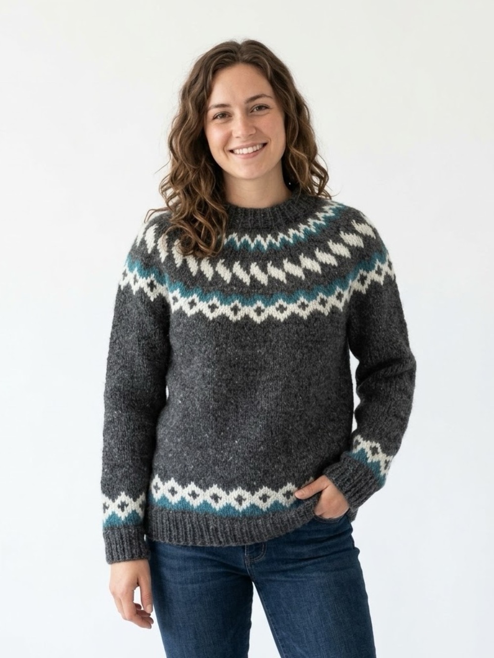 Handmade Icelandic/Lopapeysa Style Wool Sweater (Large) Grey Teal Chunky Knit